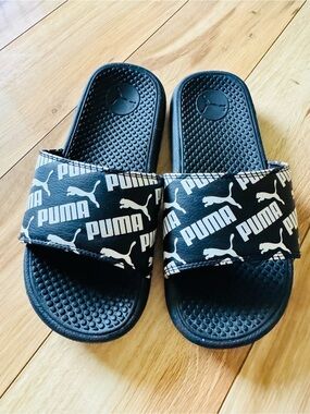 Puma Black Slide Sandals with White Logo Print